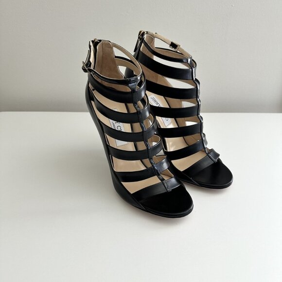 NEW JIMMY CHOO Black Leather Caged Ankle Strap Sandals Size 38.5 - Picture 1 of 14